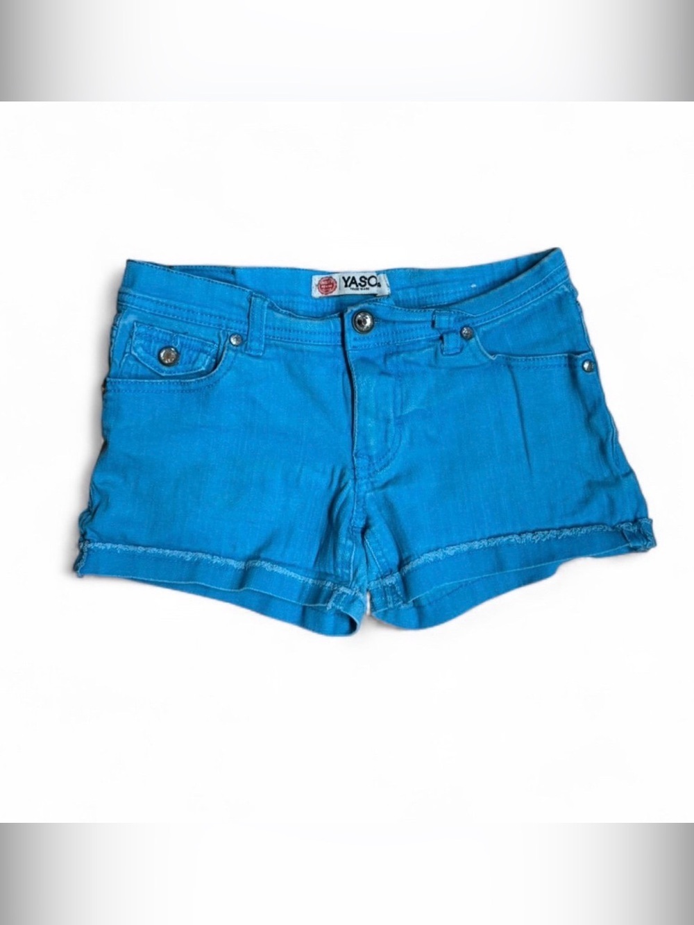 YASO Jeans Electric Blue Denim Shorts Size 14 Rhinestone Button Flap Back Pocket